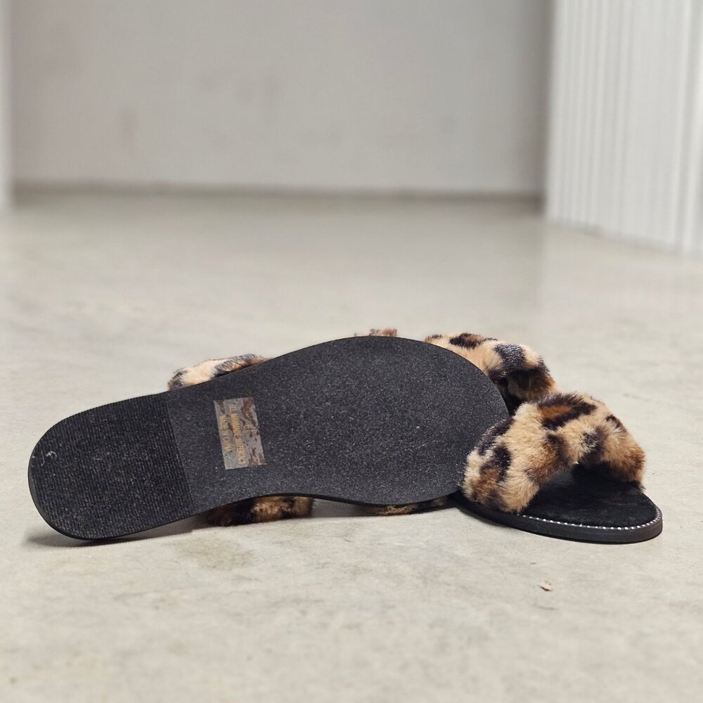 Leopard Print Faux Fur Double Strap Slides Chic Womens Indoor/Outdoor Footwear - Picture 6 of 6